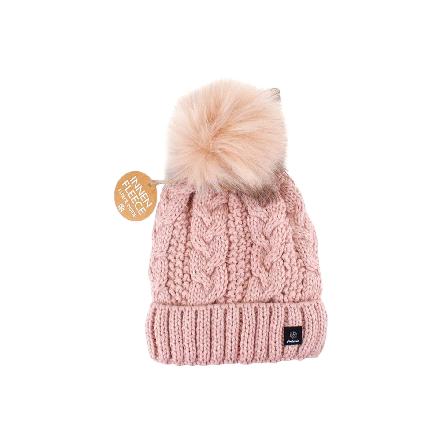 Strickmütze für Damen » gefütterte Wintermütze mit Fleece » Bommelmütze » Damenmütze mit Zopfmuster
