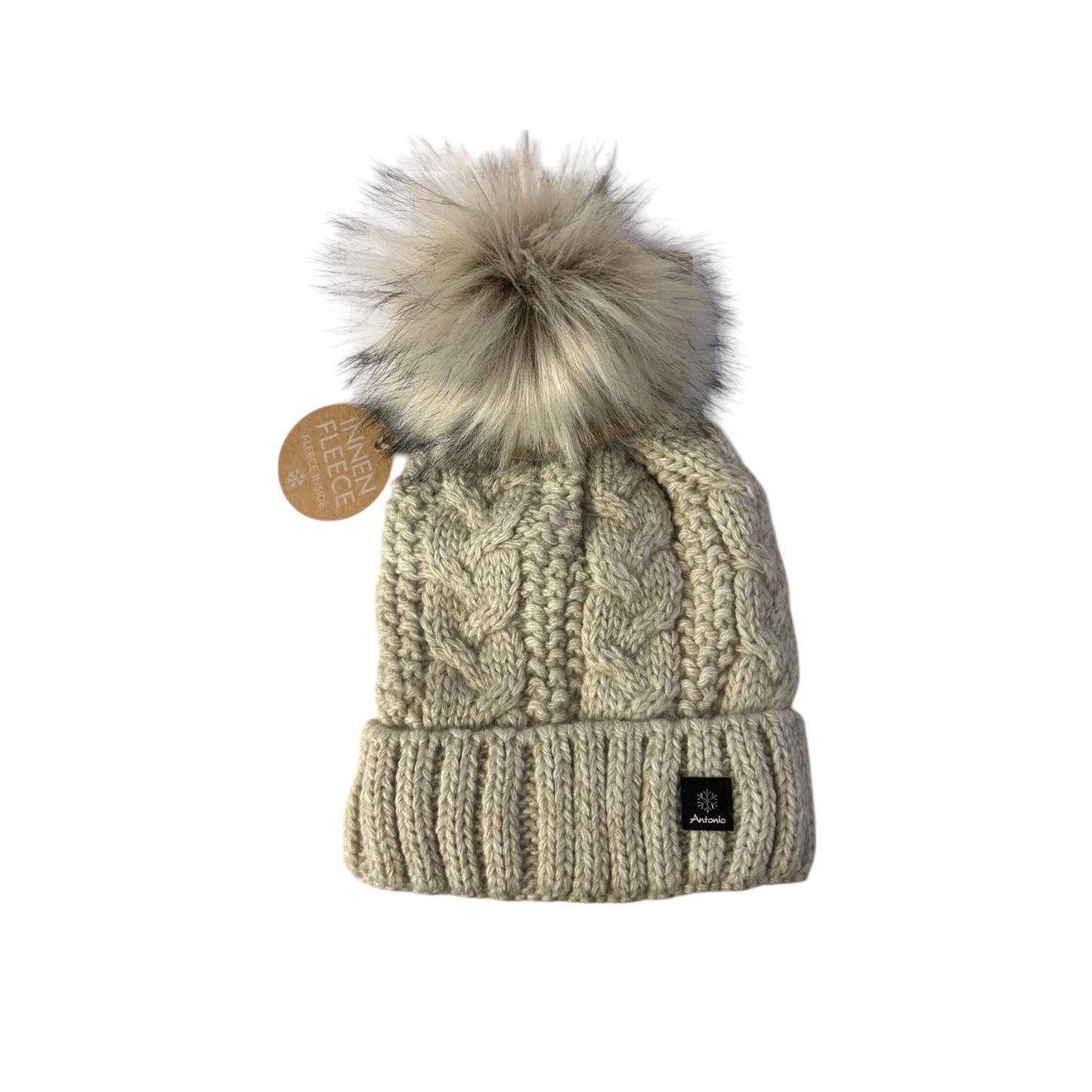 Strickmütze für Damen » gefütterte Wintermütze mit Fleece » Bommelmütze » Damenmütze mit Zopfmuster