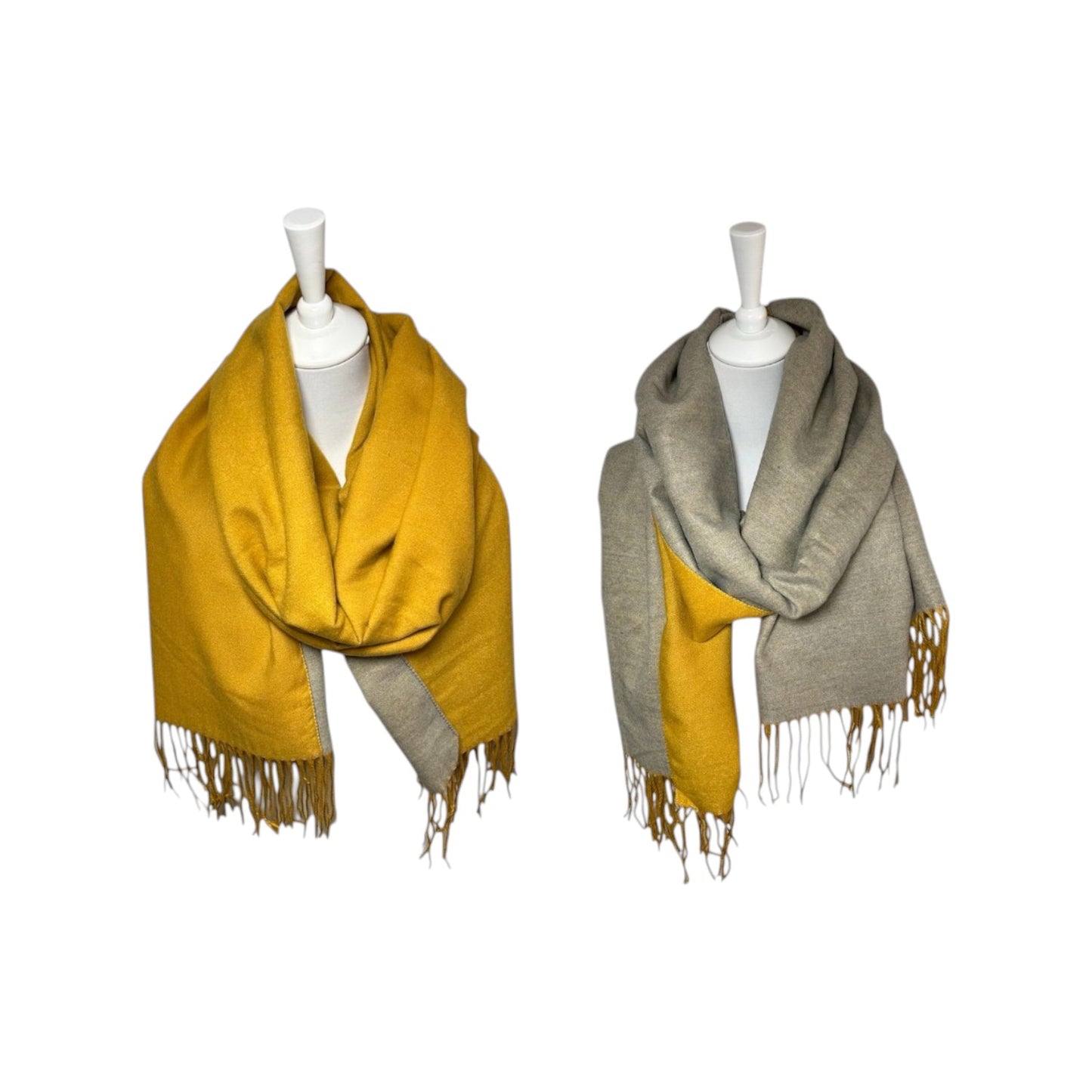 Winter Damen Schal mit Wendeoptik » Soft Cashmera Winterschal Doppelseitig Gelb / Hellgrau » Fransenschal 190 x 65 cm » Winter Damen Schal » Herbst / Winter Schal