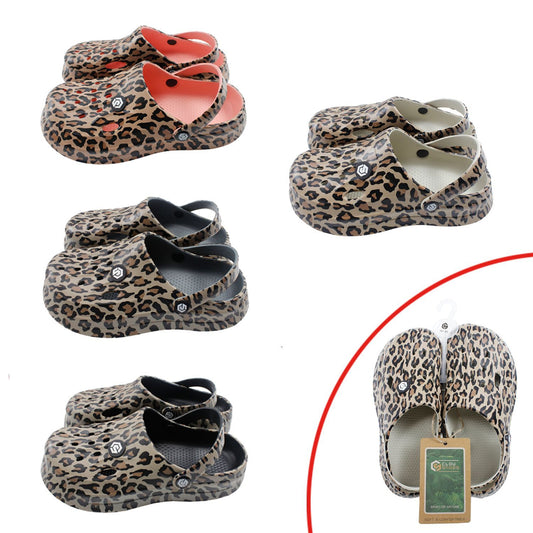 Damen Clogs Leo » günstige Damenschuhe » Clogs mit Leoparden-Muster » Sommer & Frühling Garten Schuhe mit Riemen und Cut-Outs