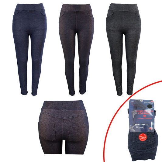 Damen Winter Leggings » Dunkle Jeans Optik » Jeggings mit Push-Up Effekt » Teddy Innenfleece » Damenleggings für Fitness & Alltag