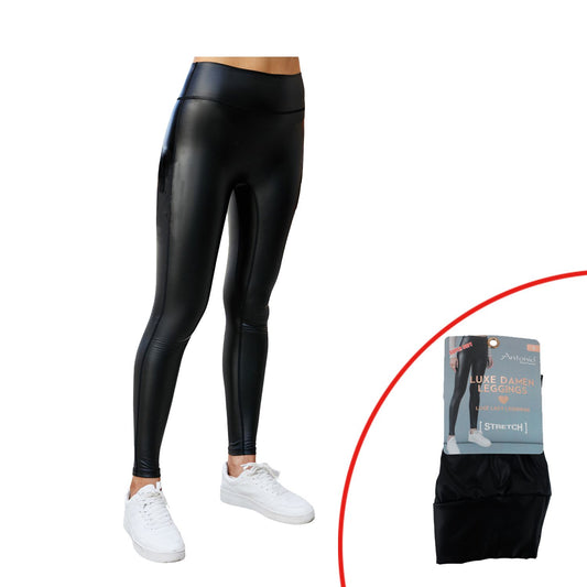 Damen Leggings Wet Look Schwarz » High-Waist Lederoptik Yogahose » Kunstleder-Leggings Formender Effekt