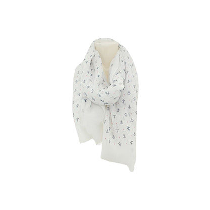 Sommer Damen Schal » Maritimes Design » leichter Sommerschal 180 x 70 cm » Halstuch weiß mit Ankern » Damenschal weich & dünn