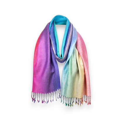 Regenbogen Schal » Sommer Damen 175x70cm » leichter Sommerschal » buntes Halstuch mit Fransen » Damenschal weich & dünn » Fransenschal für Frühling, Sommer & Herbst