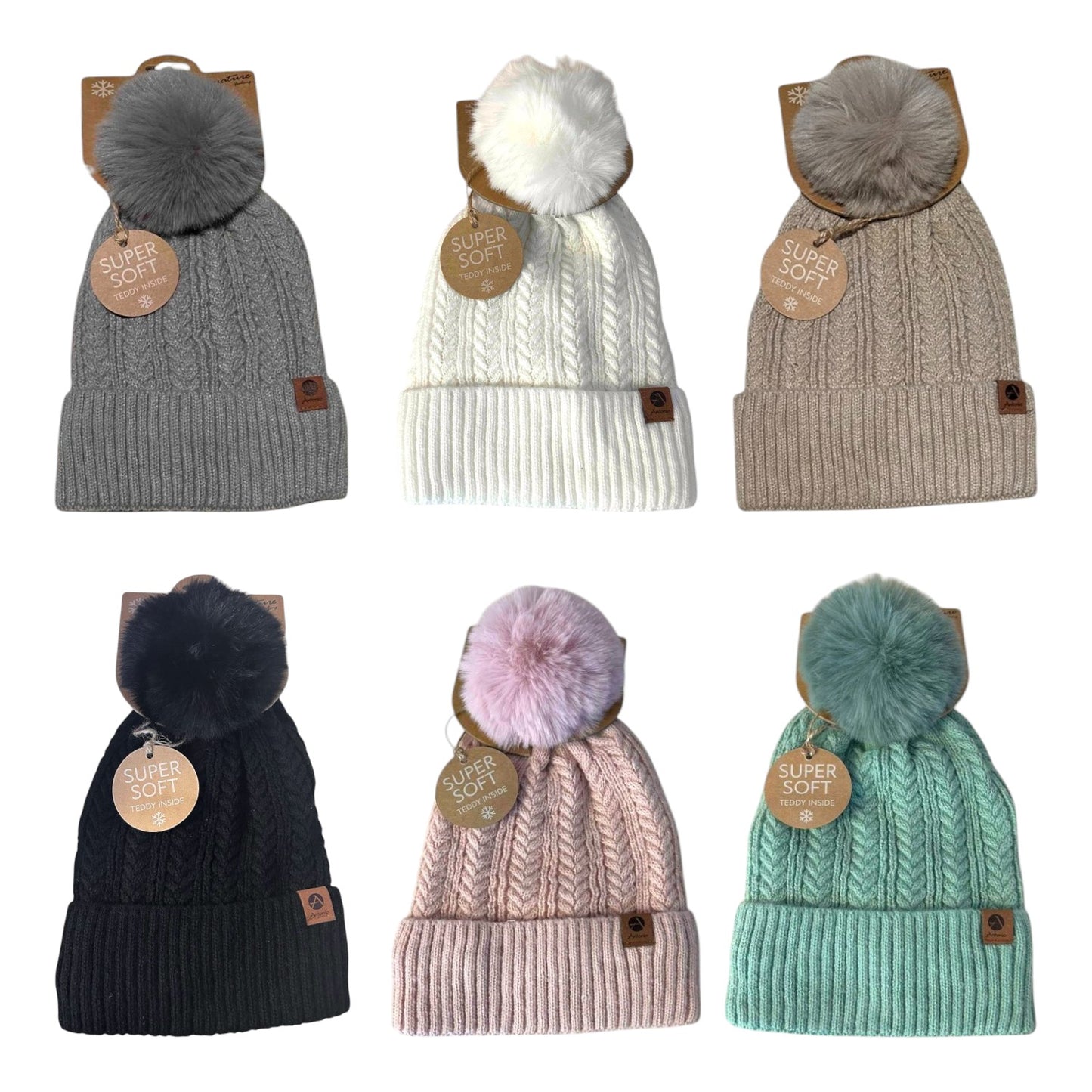 Winter Damen Mütze » Bommelmütze Nora Mit Teddy » Strickmütze mit Flechtoptik » Wintermütze mit Bommel