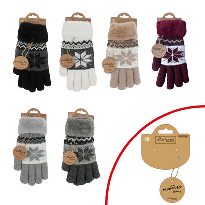Winter Damen Handschuhe » Fingerhandschuhe Schneeflocke » Gefütterte Teddy Winterhandschuhe » Strickhandschuhe flauschig & warm