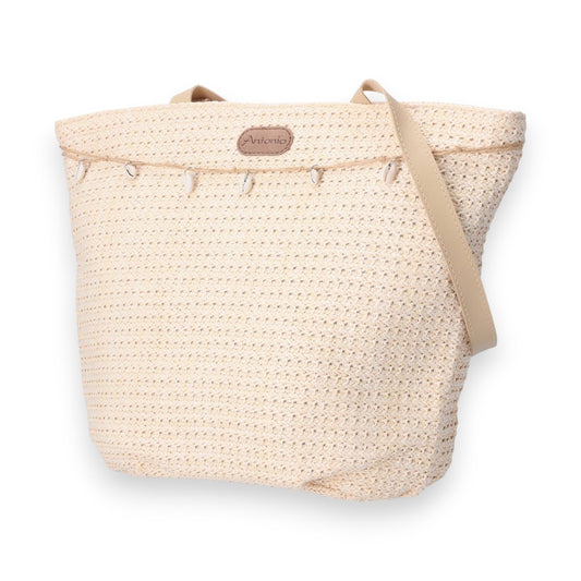 Damen Bast Tasche L » Umhängetasche ca. 40x32cm » sommerliche Tasche » Handtasche mit kleinen Muscheln