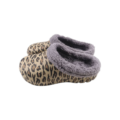 Damen Clogs Leo mit Teddy Kunstfell » günstige Damenschuhe » gefütterte Clogs mit Leoparden-Muster » Winter & Herbst Garten Schuhe